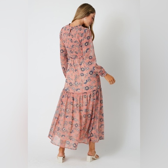 Patrons of Peace Peach Pink Navy Floral Longsleeve Maxi Dress Smock Button Front - Picture 3 of 14